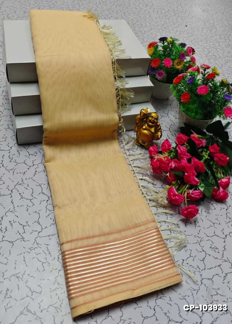 FANCY PLAIN COTTON SOFT SILK SAREES - CREAM (2)