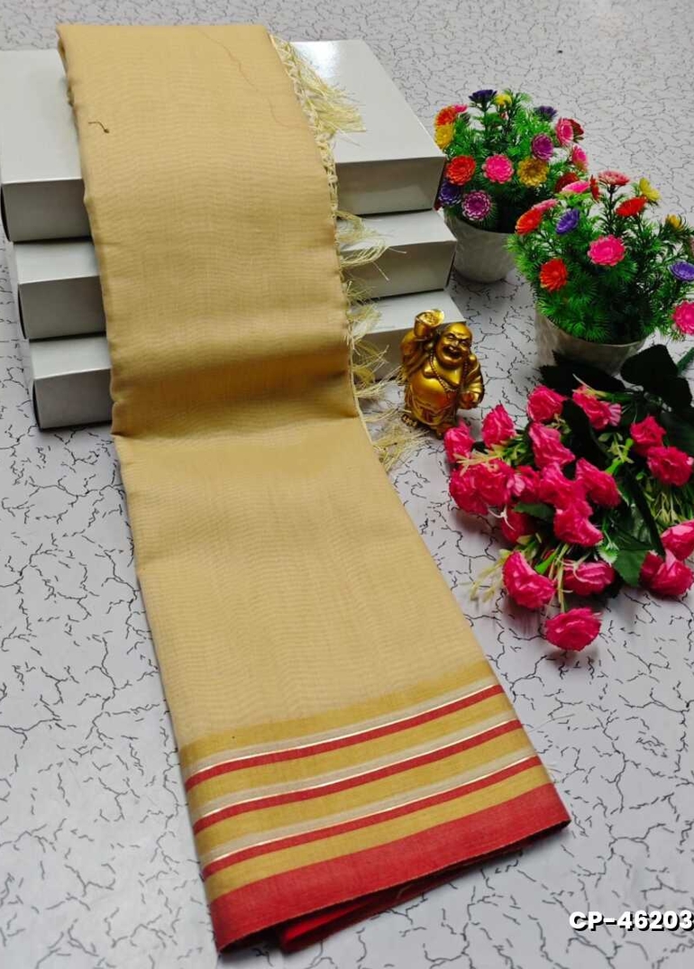 FANCY PLAIN COTTON SOFT SILK SAREES - CREAM (3)