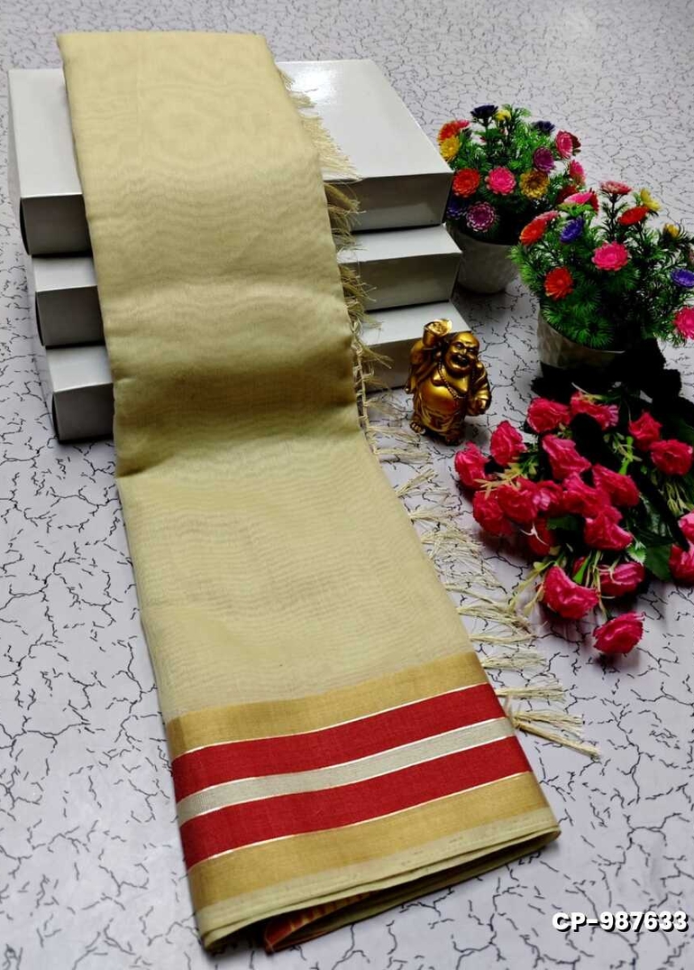 FANCY PLAIN COTTON SOFT SILK SAREES - CREAM (4)