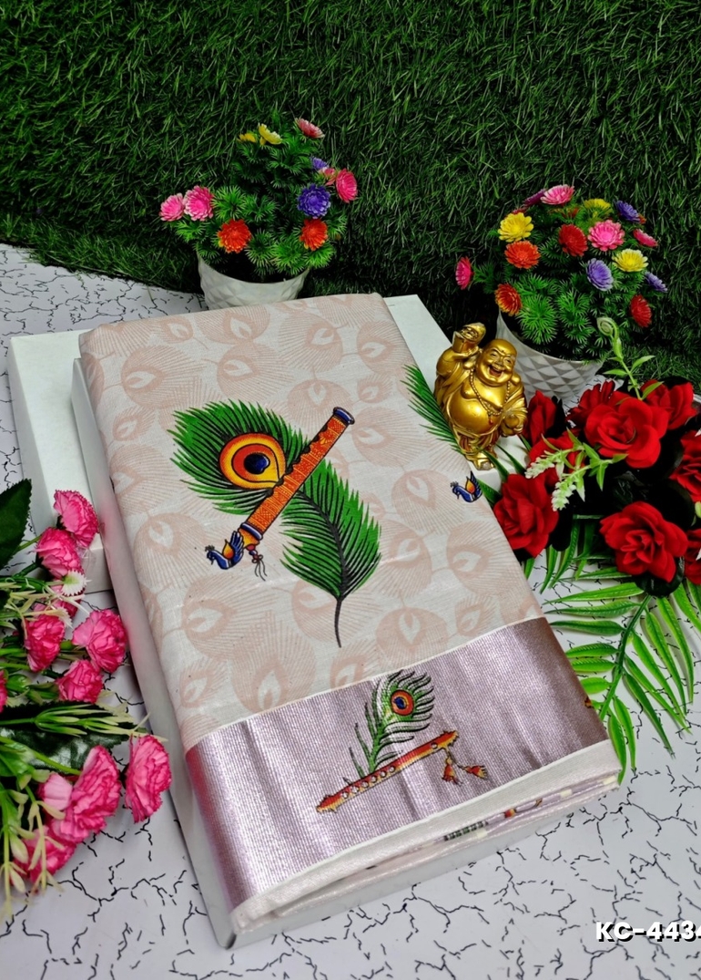 TRENDING KERALA SPECIAL FULL WORK EMBOSSED DIGITAL PRINTING TISSUE SAREE COLLECTIONS - BEIGE COLOUR (15)