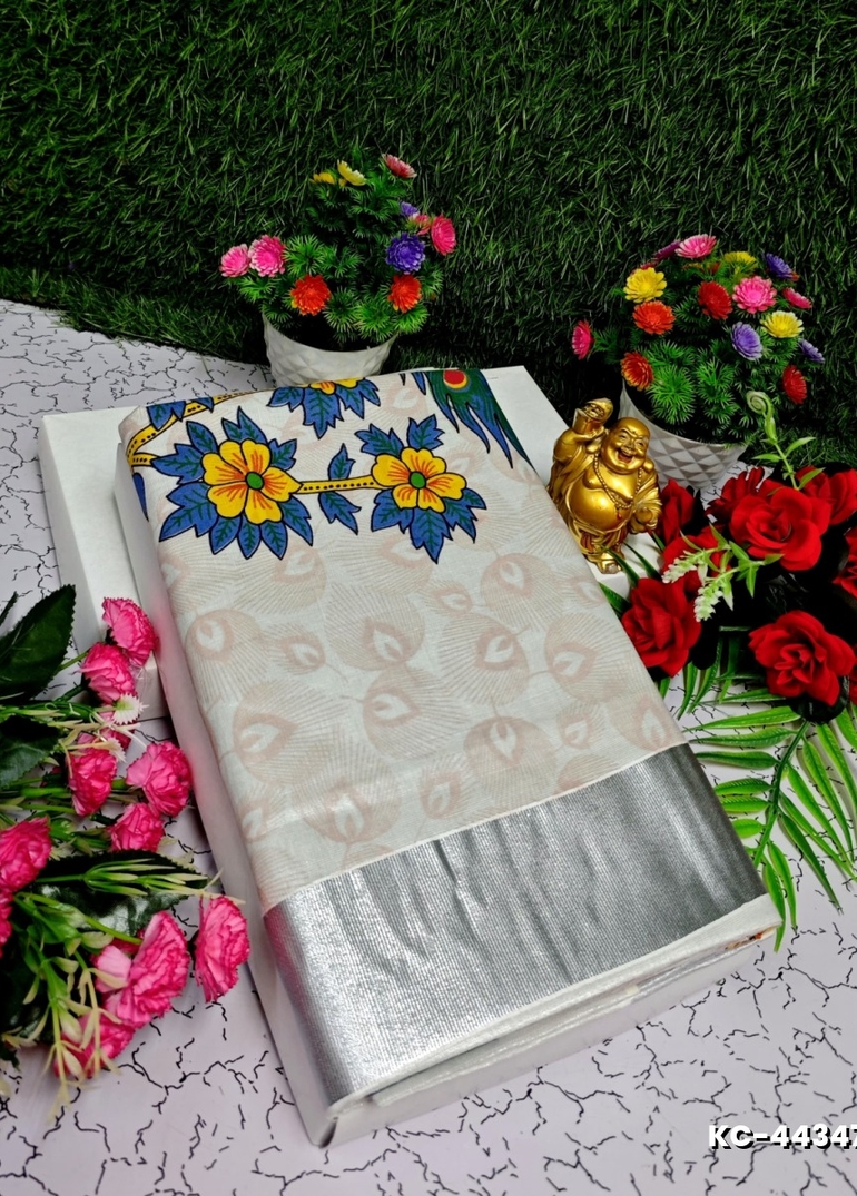 TRENDING KERALA SPECIAL FULL WORK EMBOSSED DIGITAL PRINTING TISSUE SAREE COLLECTIONS - IVORY COLOUR (14)