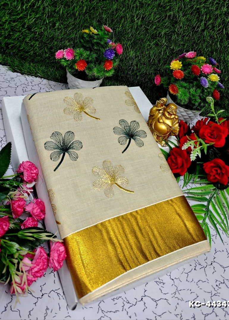 TRENDING KERALA SPECIAL FULL WORK EMBOSSED DIGITAL PRINTING TISSUE SAREE COLLECTIONS - CREAM (9)