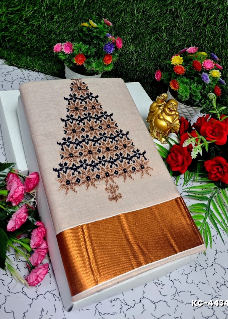TRENDING KERALA SPECIAL FULL WORK EMBOSSED DIGITAL PRINTING TISSUE SAREE COLLECTIONS - PEACH COLOUR