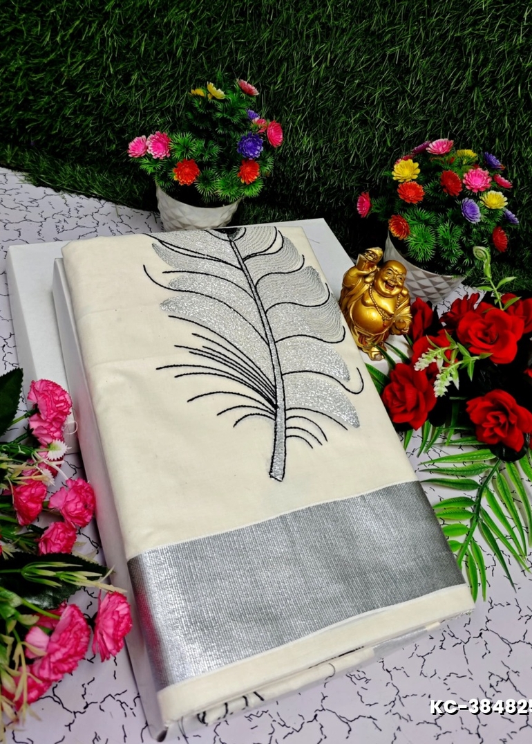 TRENDING KERALA SPECIAL FULL WORK EMBOSSED DIGITAL PRINTING  COTTON SAREE COLLECTIONS - WHITE (30)