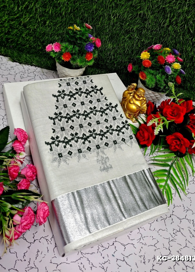 TRENDING KERALA SPECIAL FULL WORK EMBOSSED DIGITAL PRINTING TISSUE SAREE COLLECTIONS - SILVAR (4)