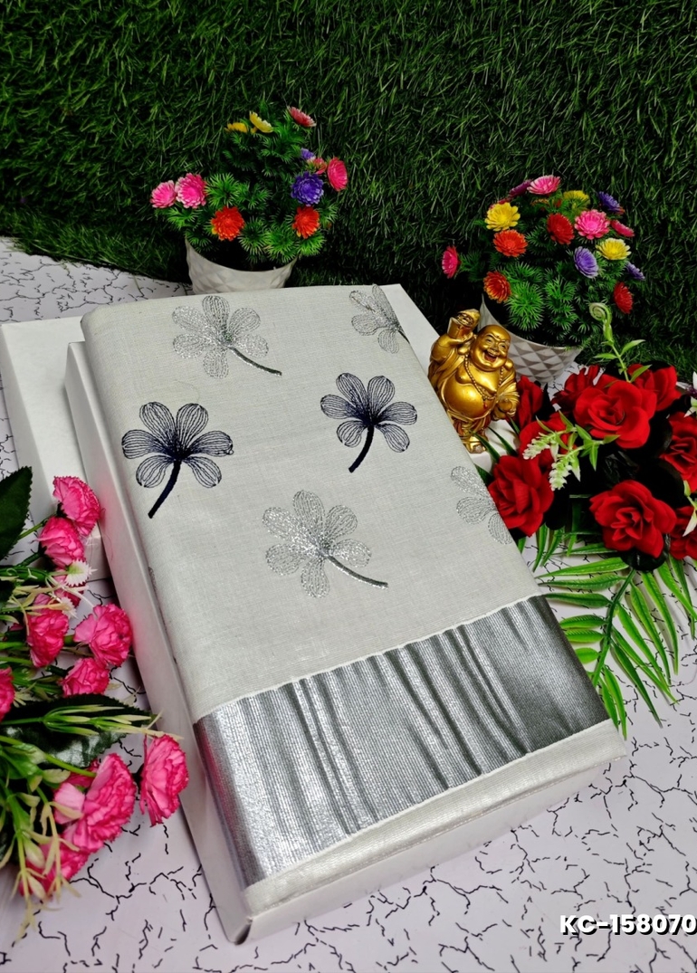 TRENDING KERALA SPECIAL FULL WORK EMBOSSED DIGITAL PRINTING TISSUE SAREE COLLECTIONS - IVORY COLOUR (16)