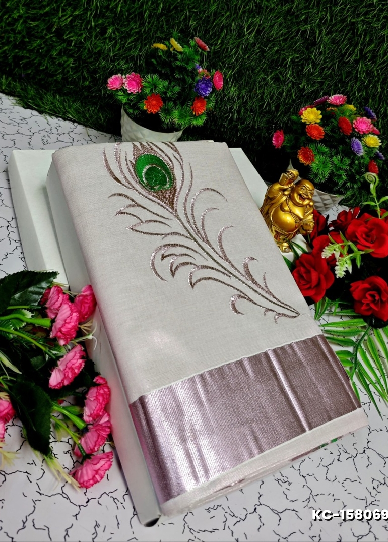 TRENDING KERALA SPECIAL FULL WORK EMBOSSED DIGITAL PRINTING TISSUE SAREE COLLECTIONS - BEIGE COLOUR (17)