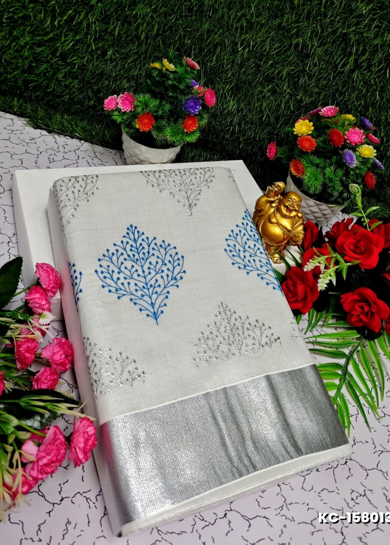 TRENDING KERALA SPECIAL FULL WORK EMBOSSED DIGITAL PRINTING TISSUE SAREE COLLECTIONS - SILVAR (6)