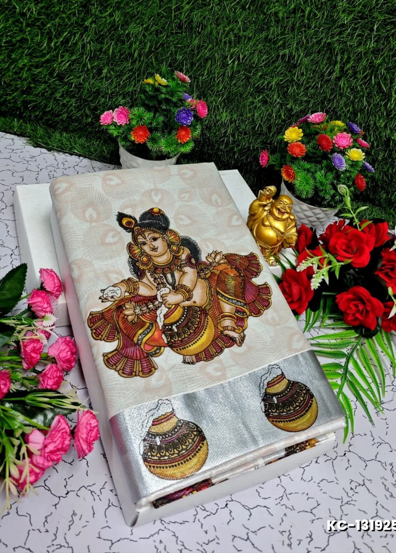 TRENDING KERALA SPECIAL FULL WORK EMBOSSED DIGITAL PRINTING TISSUE SAREE COLLECTIONS - WHITE (32)