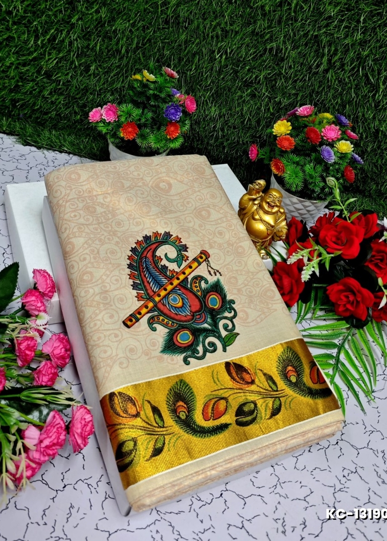 TRENDING KERALA SPECIAL FULL WORK EMBOSSED DIGITAL PRINTING TISSUE SAREE COLLECTIONS - GOLD (1)