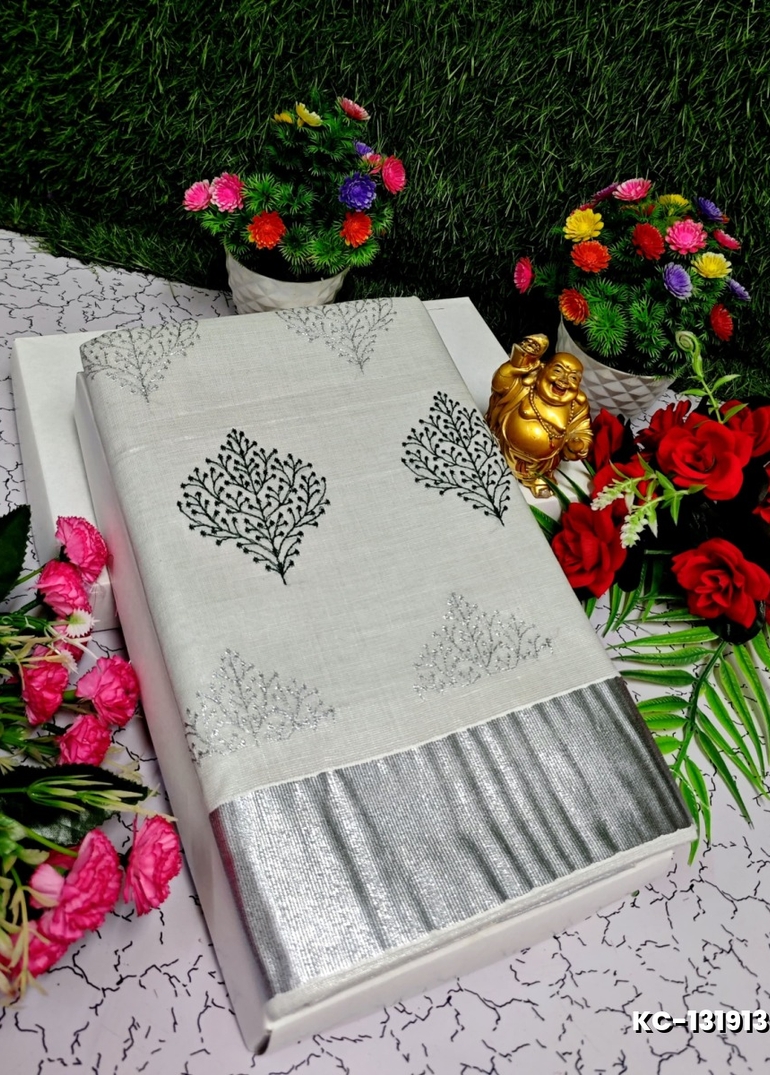TRENDING KERALA SPECIAL FULL WORK EMBOSSED DIGITAL PRINTING TISSUE SAREE COLLECTIONS - SILVAR (7)