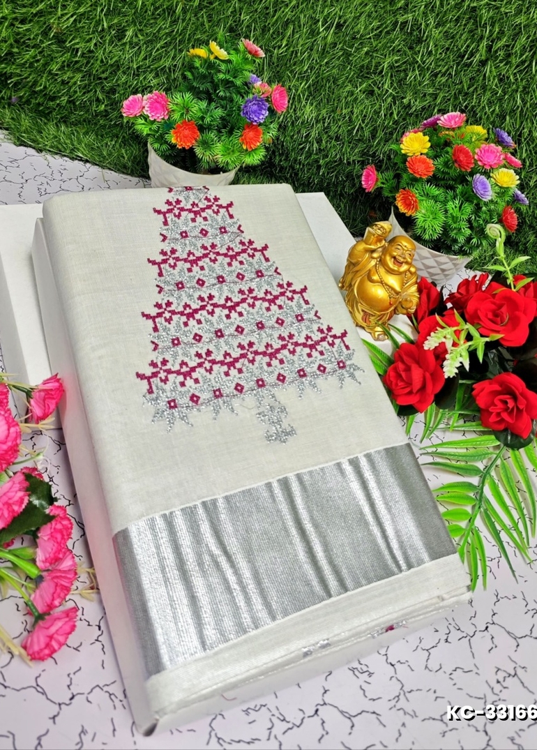 TRENDING KERALA SPECIAL FULL WORK EMBOSSED DIGITAL PRINTING TISSUE SAREE COLLECTIONS - BEIGE COLOUR (19)