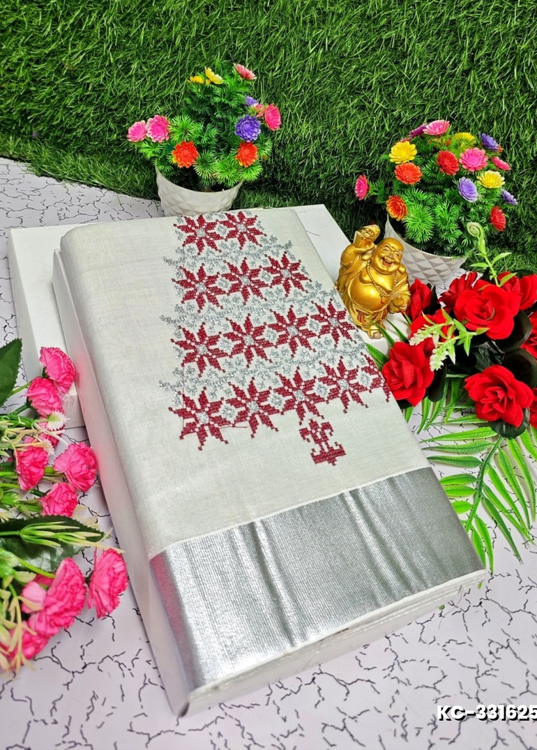 TRENDING KERALA SPECIAL FULL WORK EMBOSSED DIGITAL PRINTING TISSUE SAREE COLLECTIONS - WHITE (33)