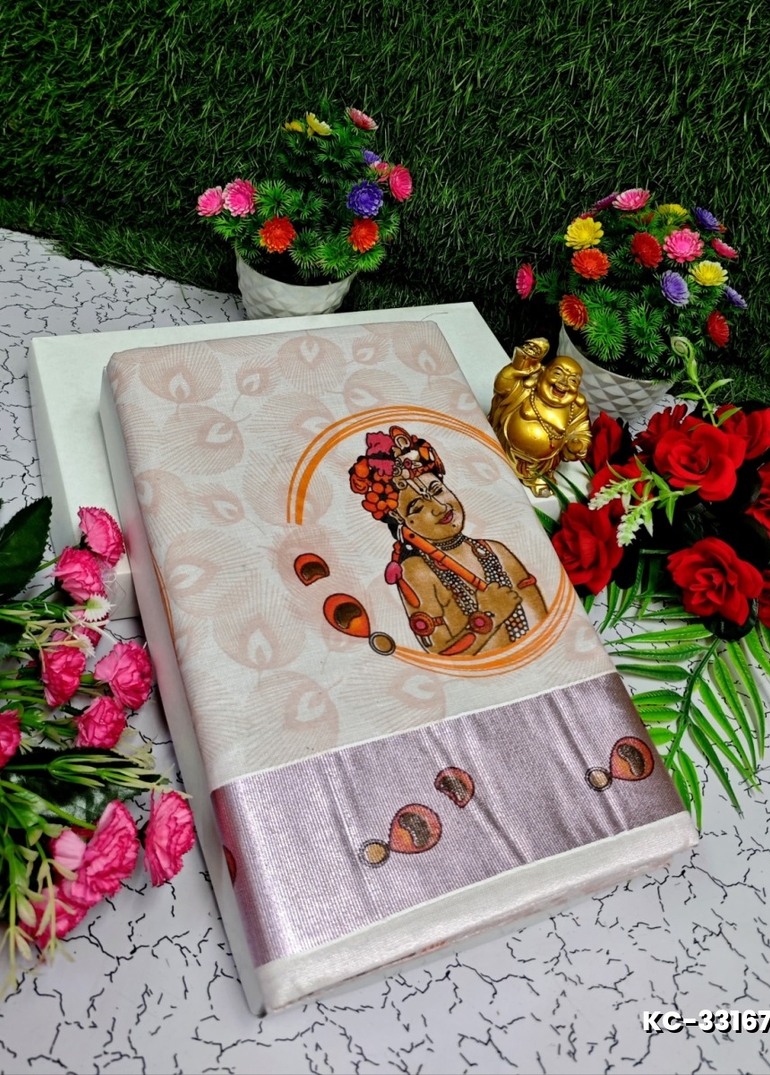 TRENDING KERALA SPECIAL FULL WORK EMBOSSED DIGITAL PRINTING TISSUE SAREE COLLECTIONS - IVORY COLOUR (18)