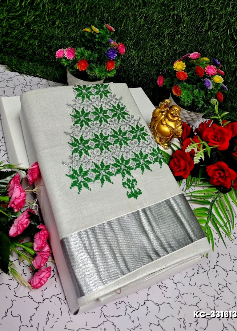 TRENDING KERALA SPECIAL FULL WORK EMBOSSED DIGITAL PRINTING TISSUE SAREE COLLECTIONS - SILVAR (8)
