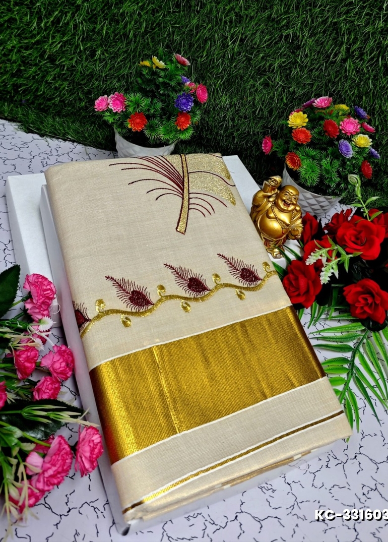 TRENDING KERALA SPECIAL FULL WORK EMBOSSED DIGITAL PRINTING TISSUE SAREE COLLECTIONS - GOLD (2)