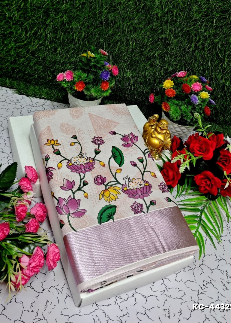 TRENDING KERALA SPECIAL FULL WORK EMBOSSED DIGITAL PRINTING TISSUE SAREE COLLECTIONS - WHITE (34)