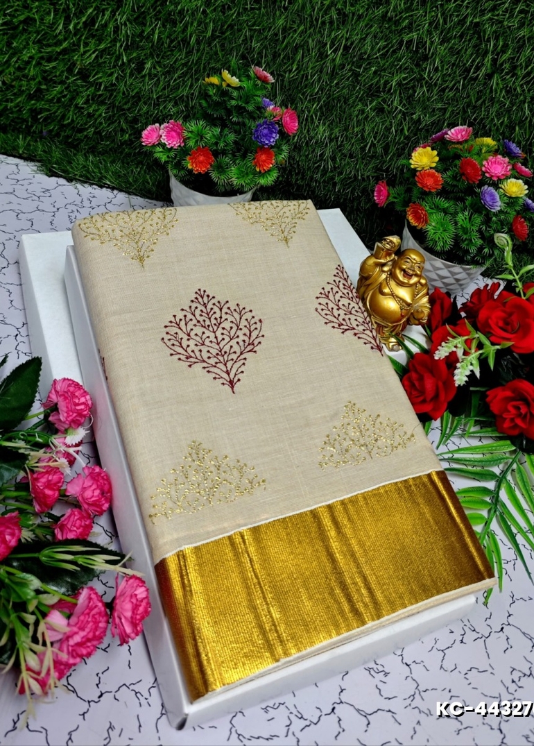TRENDING KERALA SPECIAL FULL WORK EMBOSSED DIGITAL PRINTING TISSUE SAREE COLLECTIONS - IVORY COLOUR (19)