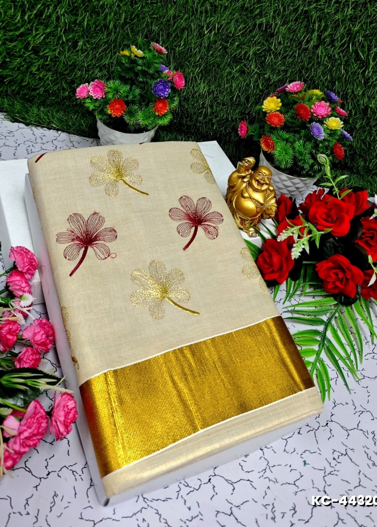 TRENDING KERALA SPECIAL FULL WORK EMBOSSED DIGITAL PRINTING TISSUE SAREE COLLECTIONS - GOLD (3)