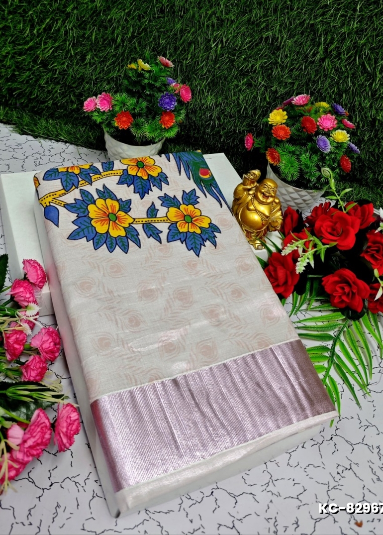 TRENDING KERALA SPECIAL FULL WORK EMBOSSED DIGITAL PRINTING TISSUE SAREE COLLECTIONS - IVORY COLOUR (20)
