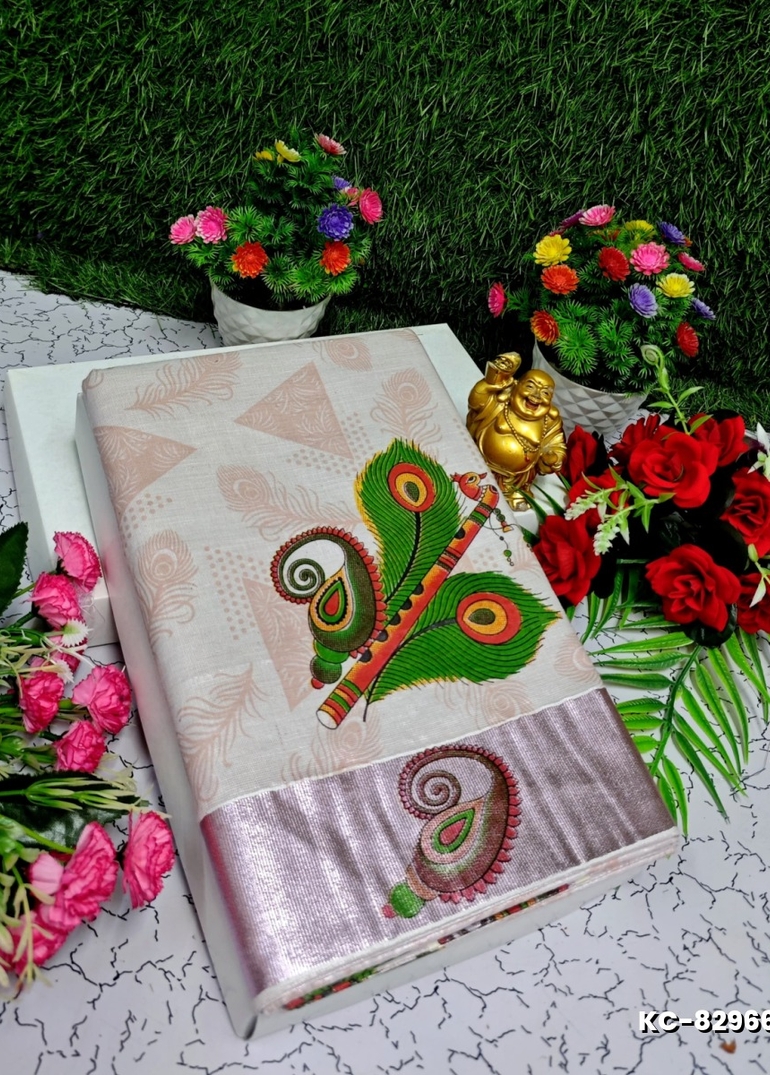TRENDING KERALA SPECIAL FULL WORK EMBOSSED DIGITAL PRINTING TISSUE SAREE COLLECTIONS - BEIGE COLOUR (21)