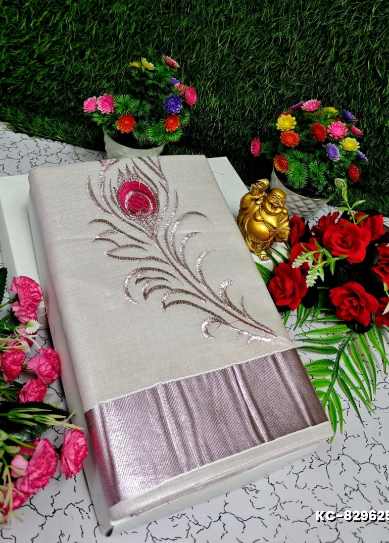 TRENDING KERALA SPECIAL FULL WORK EMBOSSED DIGITAL PRINTING TISSUE SAREE COLLECTIONS - WHITE (35)