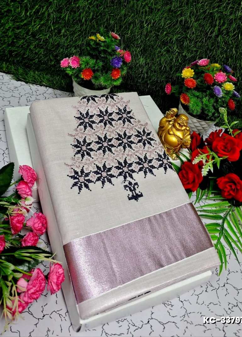 TRENDING KERALA SPECIAL FULL WORK EMBOSSED DIGITAL PRINTING TISSUE SAREE COLLECTIONS - IVORY COLOUR (21)