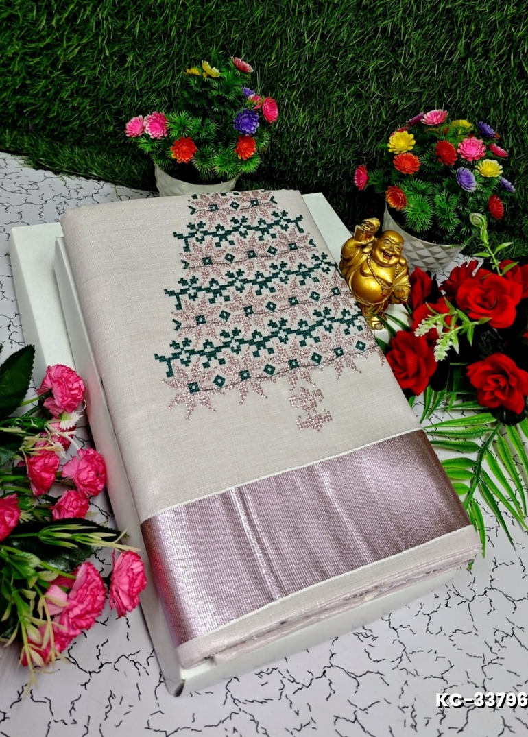 TRENDING KERALA SPECIAL FULL WORK EMBOSSED DIGITAL PRINTING TISSUE SAREE COLLECTIONS - BEIGE COLOUR (22)