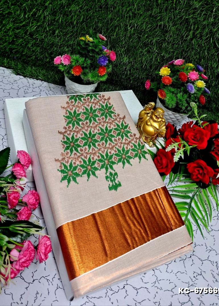 TRENDING KERALA SPECIAL FULL WORK EMBOSSED DIGITAL PRINTING TISSUE SAREE COLLECTIONS - BEIGE COLOUR (23)