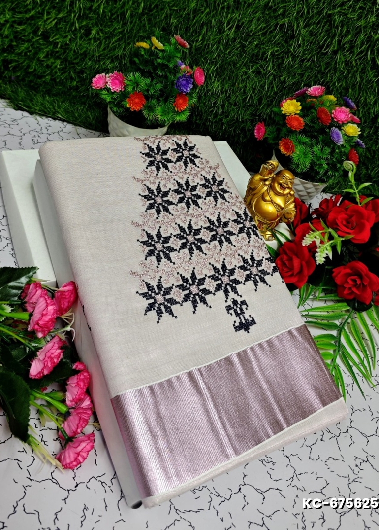 TRENDING KERALA SPECIAL FULL WORK EMBOSSED DIGITAL PRINTING TISSUE SAREE COLLECTIONS - WHITE (37)