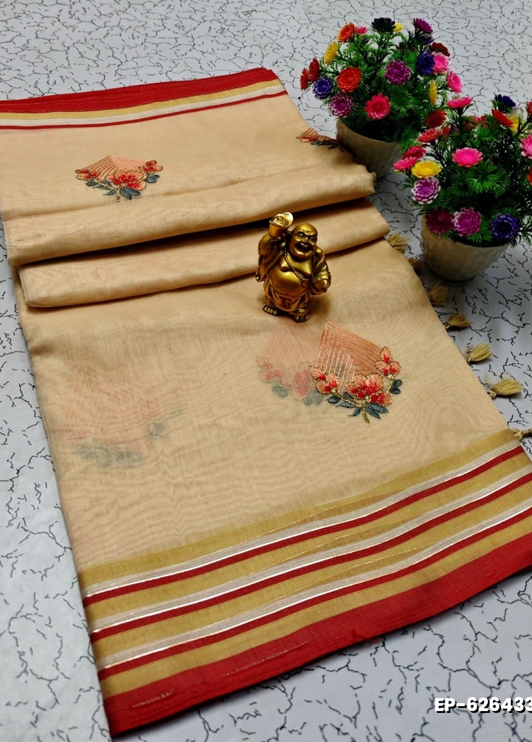 DIGITAL EMBROIDERY PRINTING COTTON SAREES - CREAM