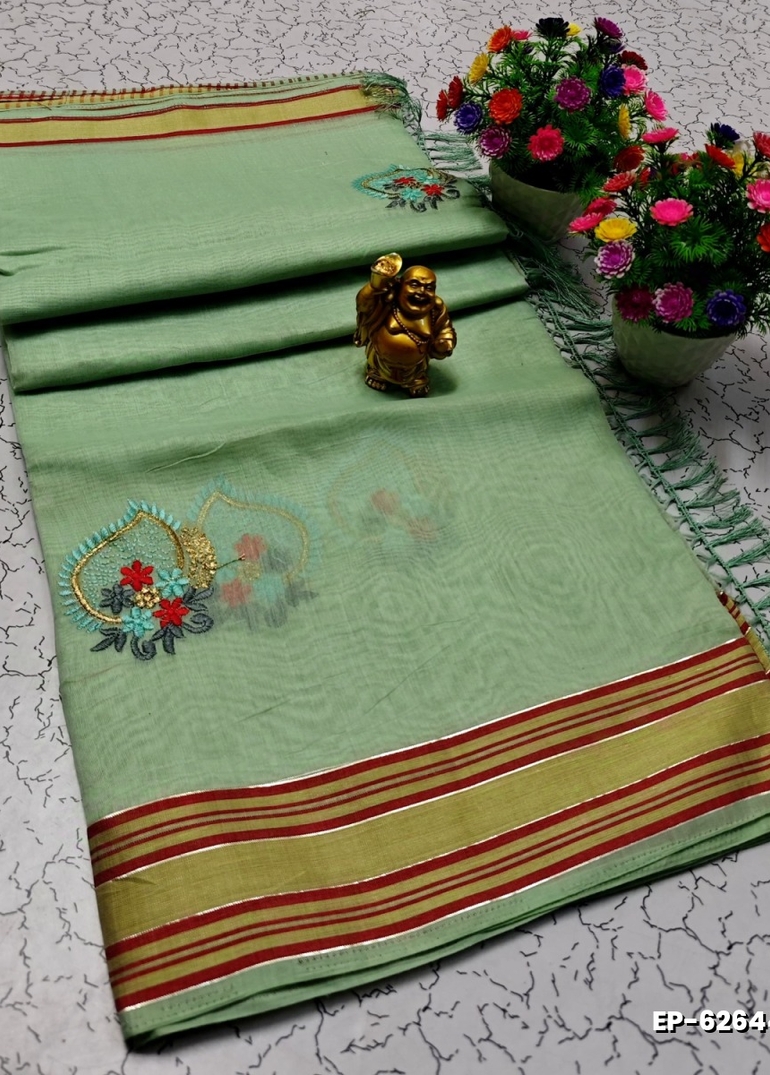 DIGITAL EMBROIDERY PRINTING COTTON SAREES - LIGHT GREEN SHADE