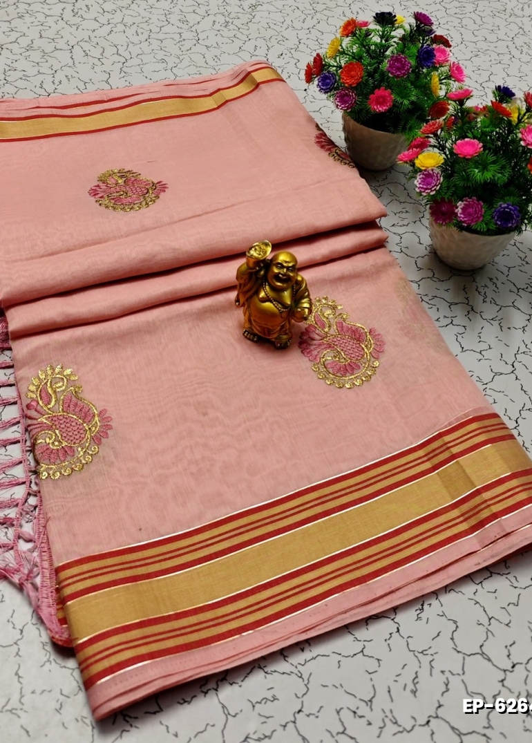 DIGITAL EMBROIDERY PRINTING COTTON SAREES - BABY PINK