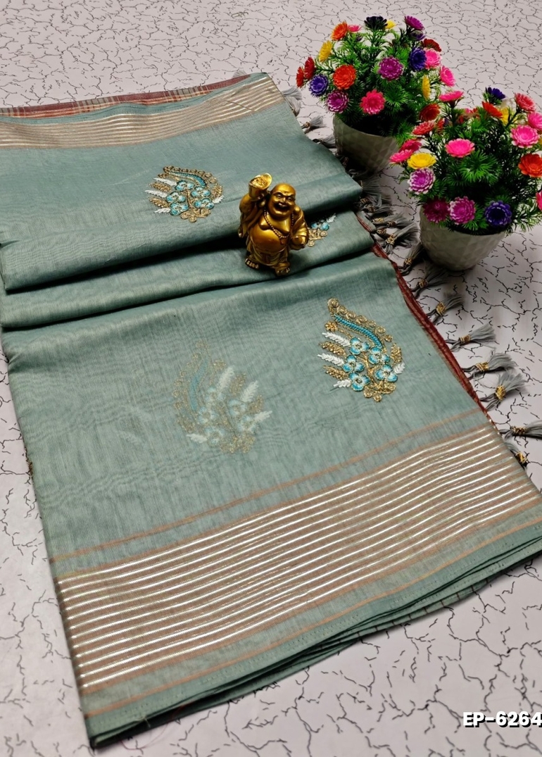 DIGITAL EMBROIDERY PRINTING COTTON SAREES - AS COLOR