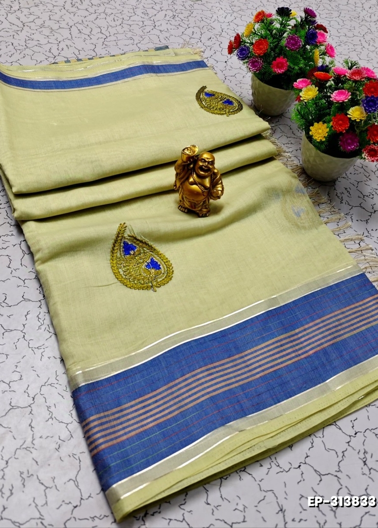DIGITAL EMBROIDERY PRINTING COTTON SAREES - CREAM (1)