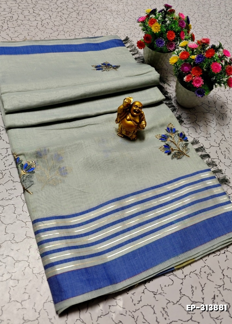 DIGITAL EMBROIDERY PRINTING COTTON SAREES - METALLIC SILVAR