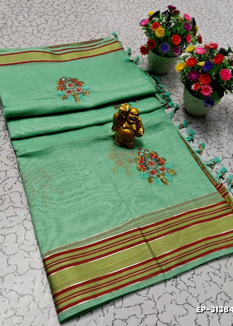 DIGITAL EMBROIDERY PRINTING COTTON SAREES - LIGHT GREEN SHADE (1)