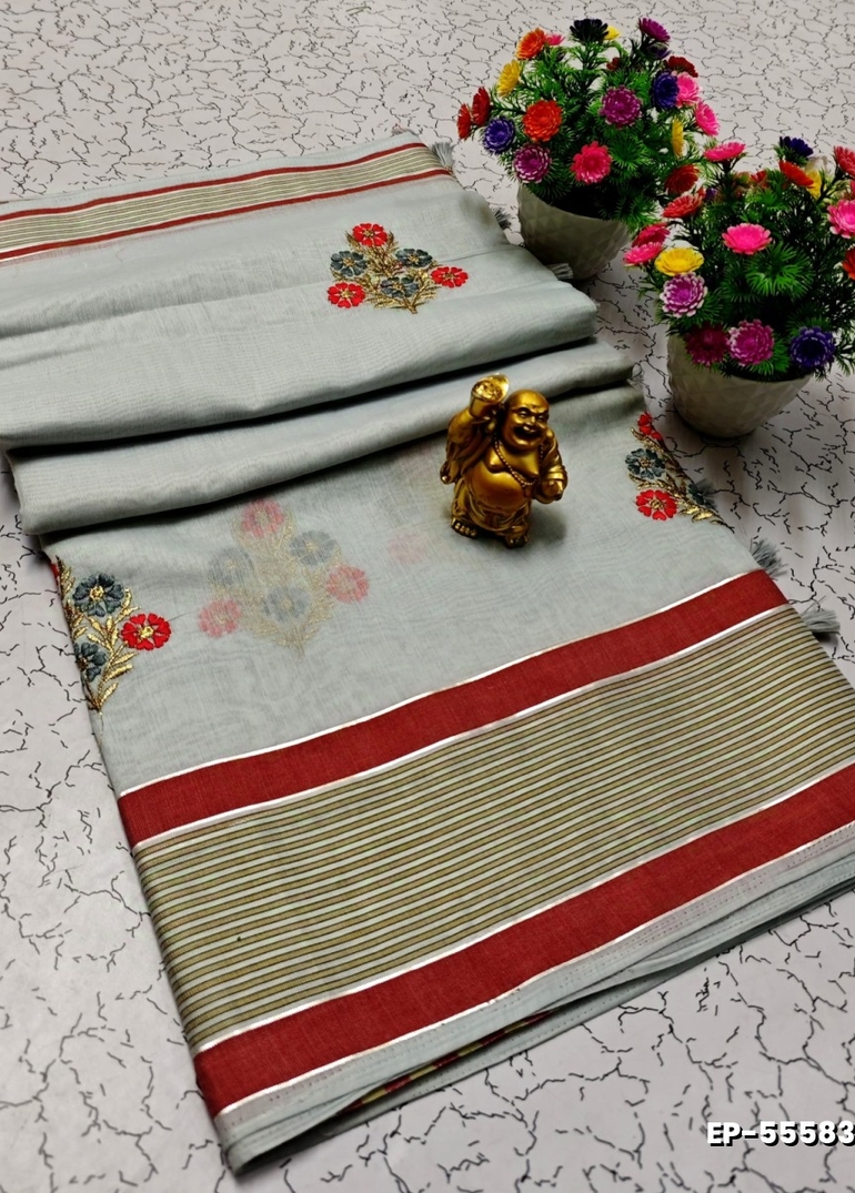 DIGITAL EMBROIDERY PRINTING COTTON SAREES - LIGHT SKY BLUE