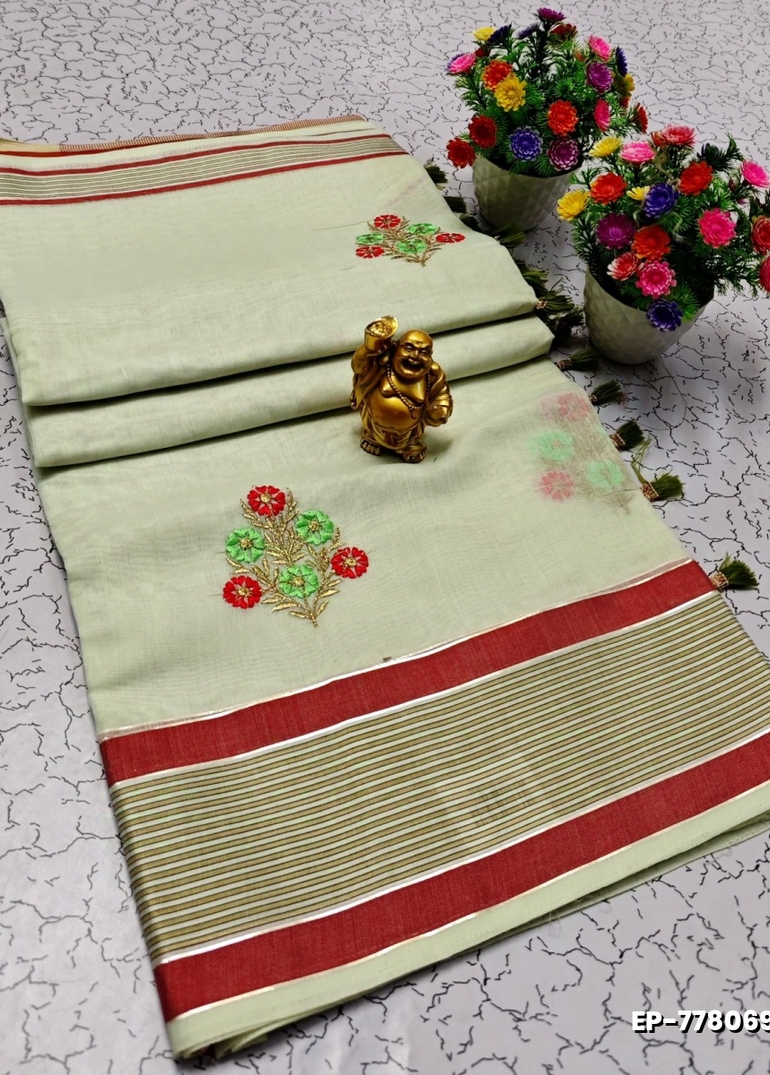 DIGITAL EMBROIDERY PRINTING COTTON SAREES - BEIGE COLOUR