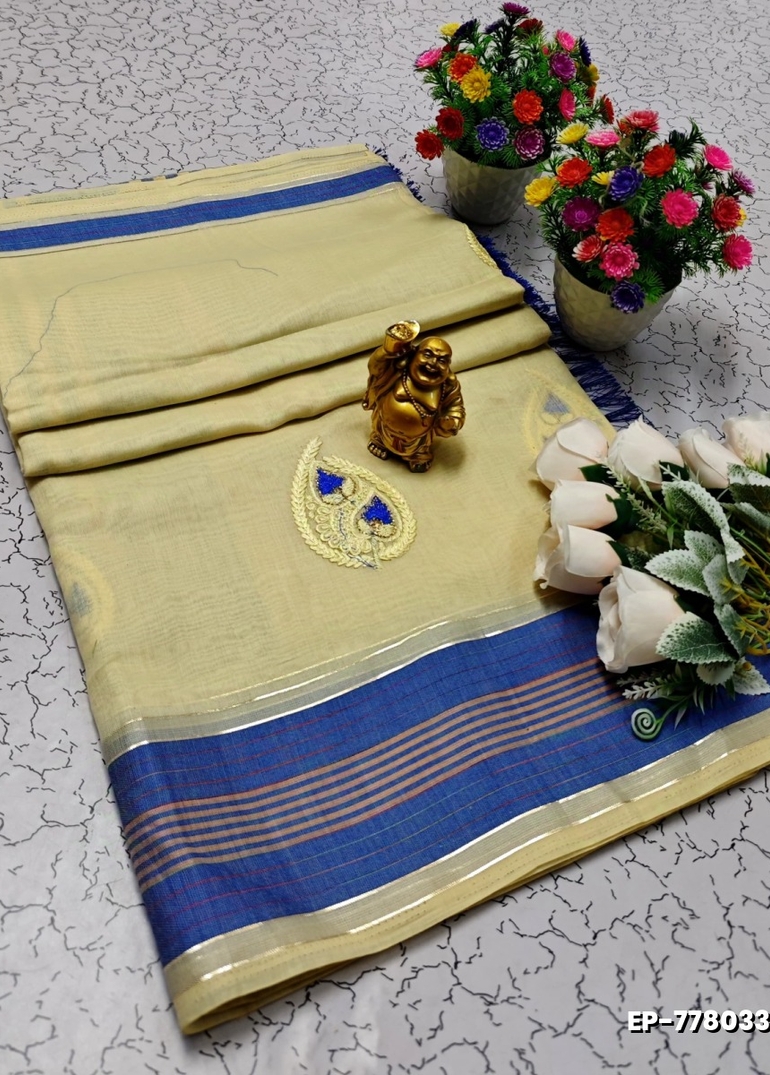 DIGITAL EMBROIDERY PRINTING COTTON SAREES - CREAM (3)