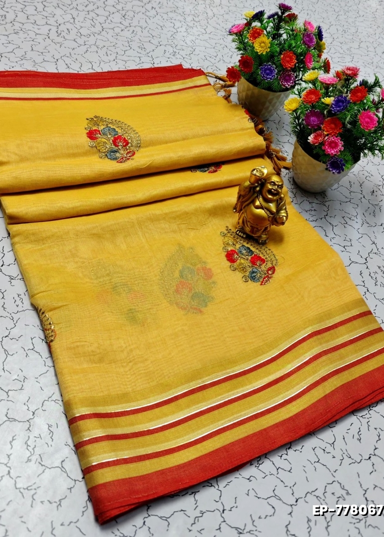 DIGITAL EMBROIDERY PRINTING COTTON SAREES - GOLD COLOUR