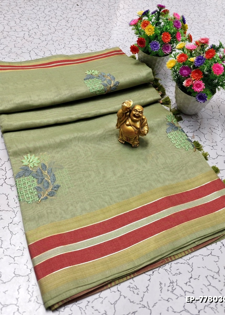 DIGITAL EMBROIDERY PRINTING COTTON SAREES - PESTA GREEN