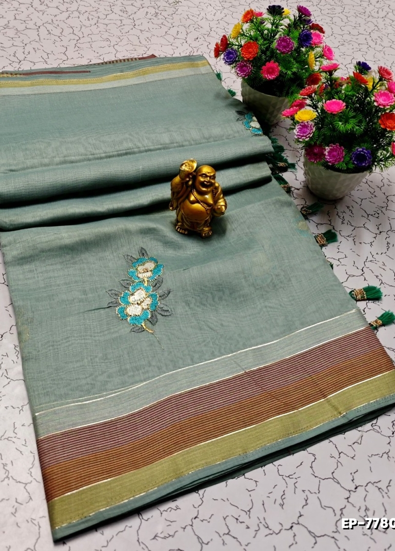 DIGITAL EMBROIDERY PRINTING COTTON SAREES - GRAY