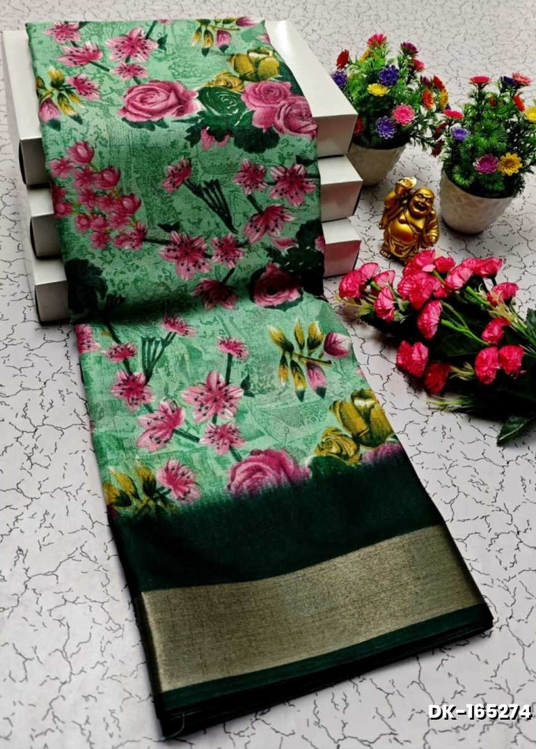 DIGITAL PRINTING DOLA SILK COTTON SAREES - EMERALD COLOUR