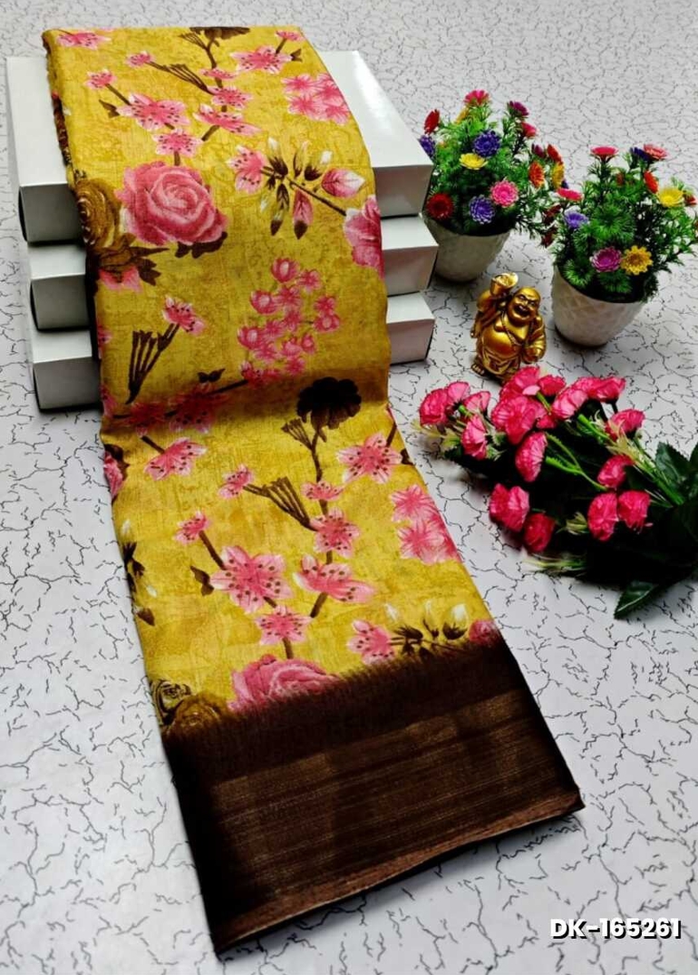 DIGITAL PRINTING DOLA SILK COTTON SAREES - YELLOW COLOR