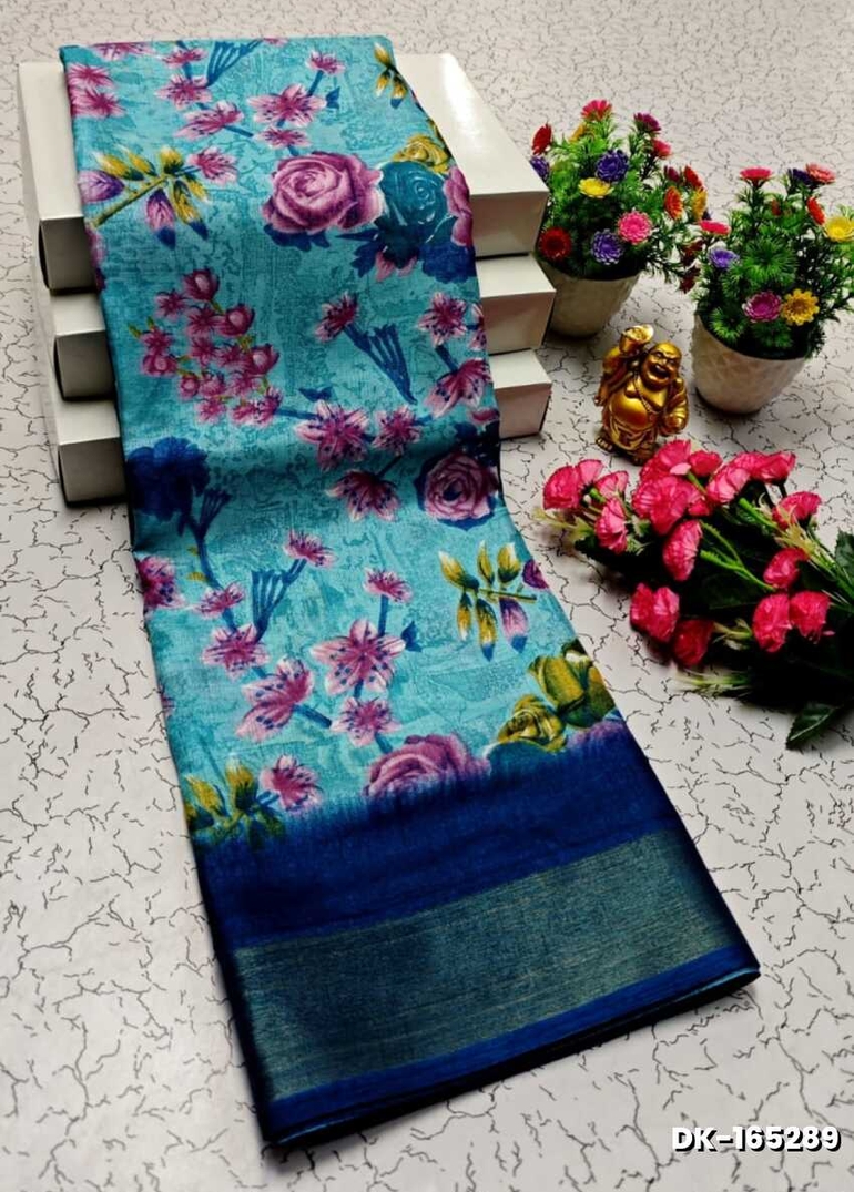 DIGITAL PRINTING DOLA SILK COTTON SAREES - BLUE COLOUR