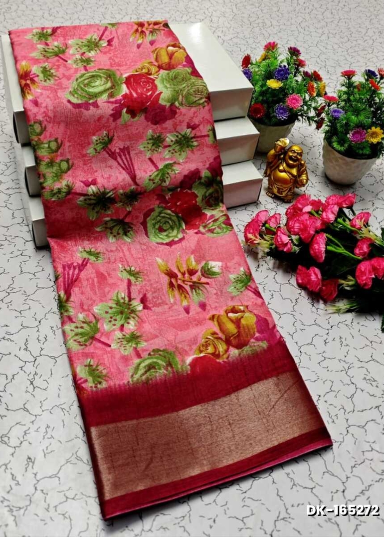 DIGITAL PRINTING DOLA SILK COTTON SAREES - CORAL COLOUR