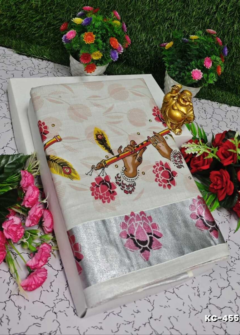 TRENDING KERALA SPECIAL FULL WORK EMBOSSED DIGITAL PRINTING TISSUE SAREE COLLECTIONS - WHITE (36)