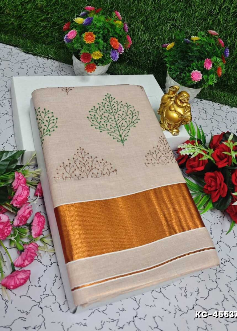 TRENDING KERALA SPECIAL FULL WORK EMBOSSED DIGITAL PRINTING TISSUE SAREE COLLECTIONS - IVORY COLOUR (23)