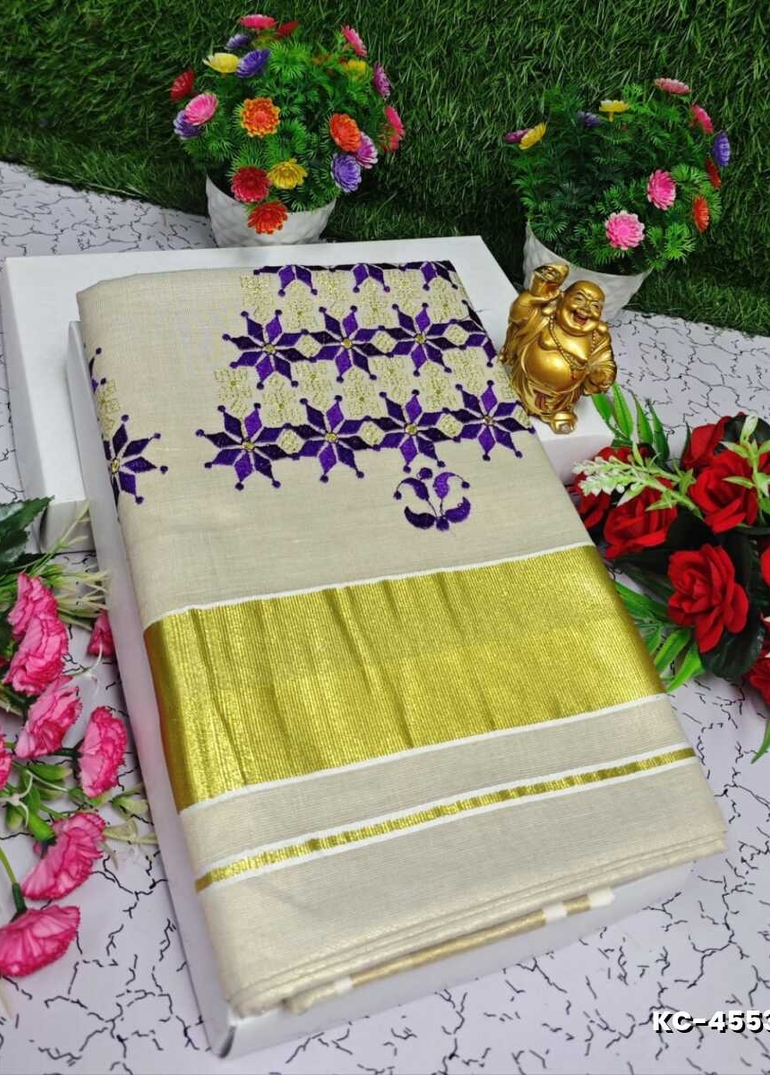 TRENDING KERALA SPECIAL FULL WORK EMBOSSED DIGITAL PRINTING TISSUE SAREE COLLECTIONS - BEIGE COLOUR (24)